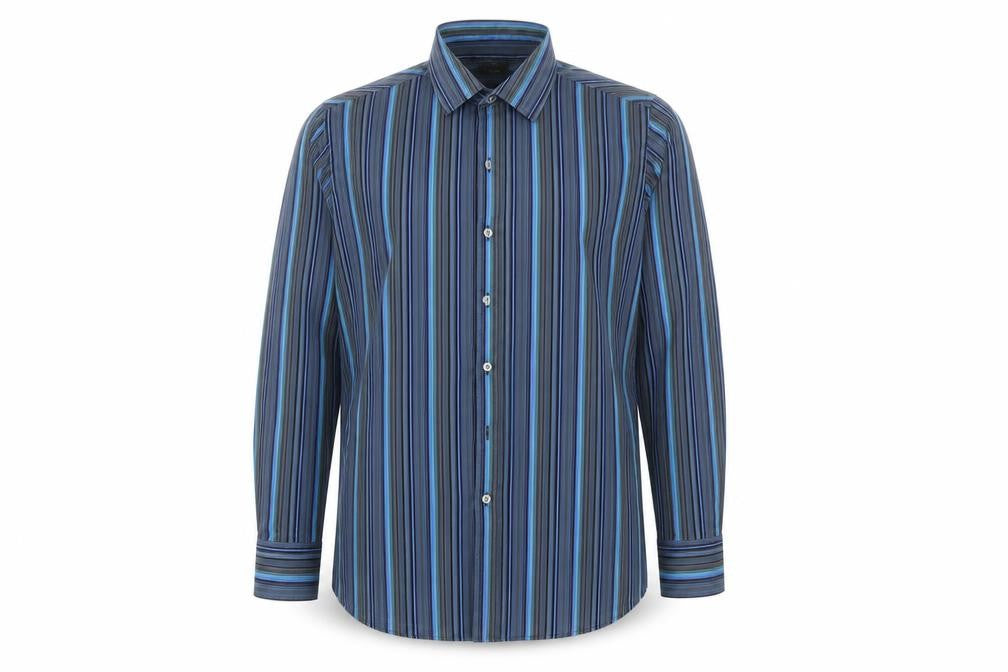 Front view of Linea men’s multicoloured striped button-up, size 16.5