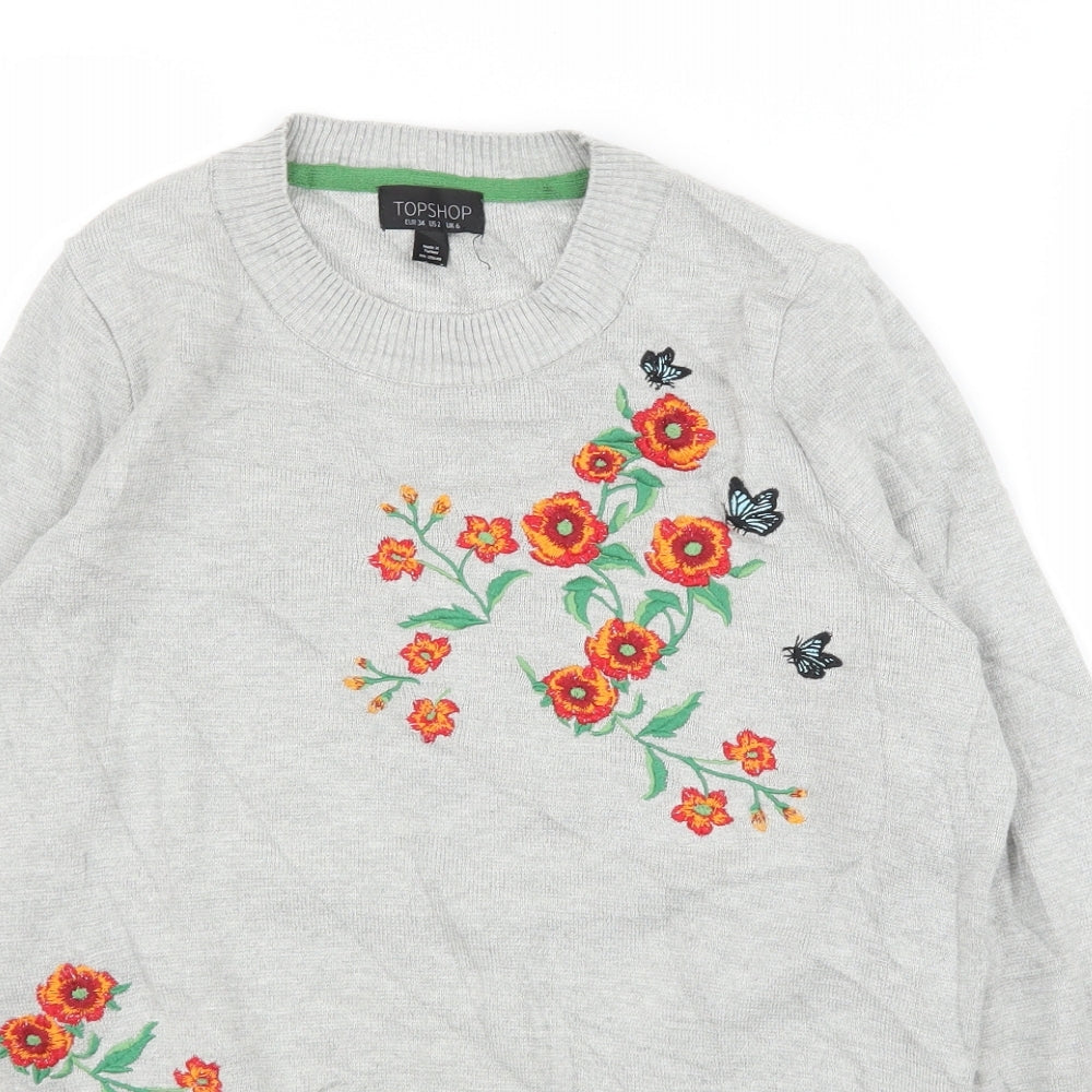 Topshop Womens Grey Floral  Pullover Jumper Size 6
