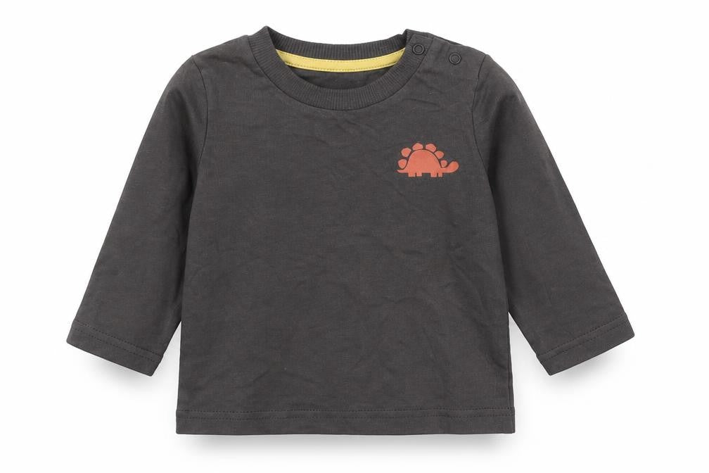 Front view of Nutmeg Baby Grey Basic T-Shirt, size 3-6, Months - Stegosaurus