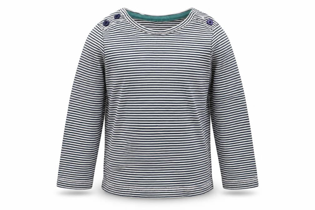 Front view of John Lewis girls’ white striped basic t-shirt, size 9-12, months