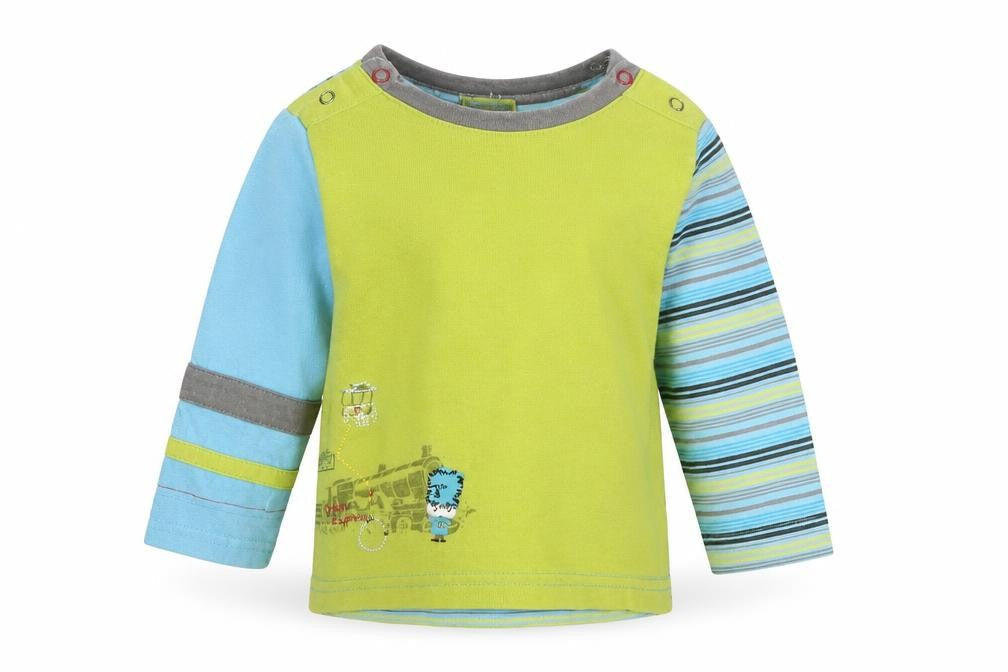 Front view of Petit Lem boys’ green striped basic t-shirt, size 18-24, months