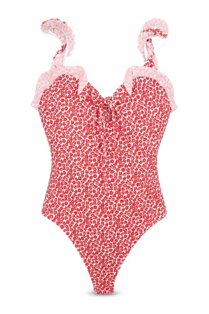 Front view of Missguided women’s red floral bodysuit one-piece, size UK 6