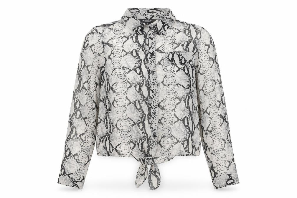 Front view of Miss Selfridge women’s white animal print basic button-up, size UK 8