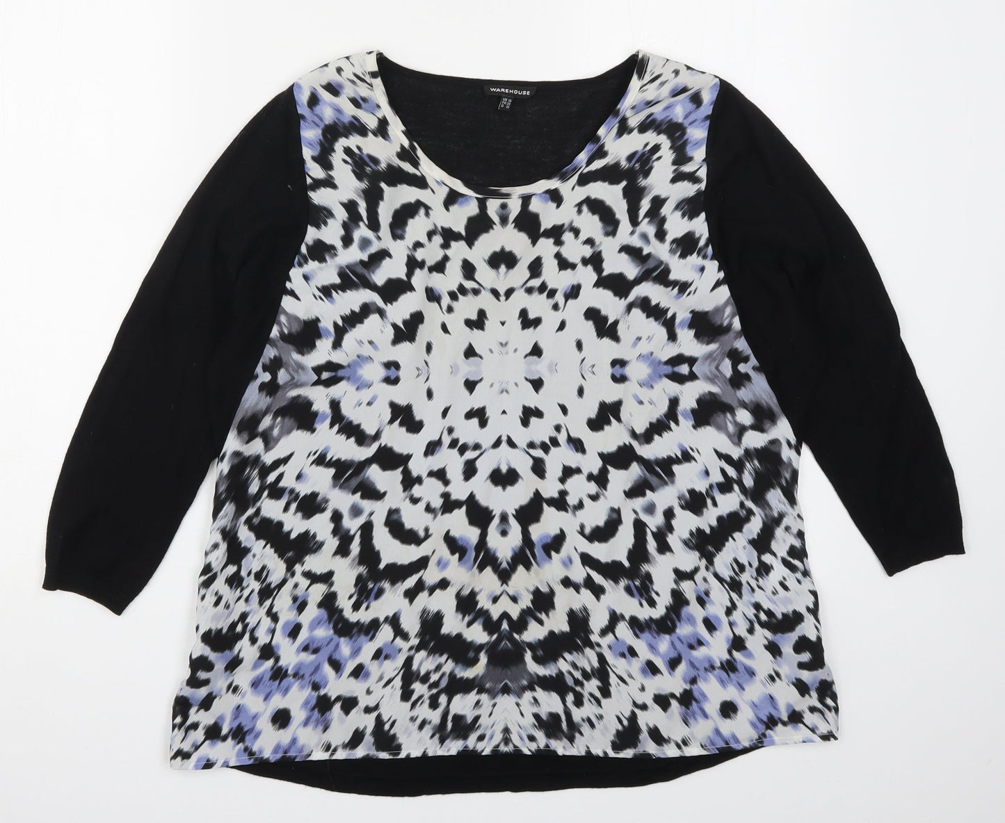 Warehouse Womens Black Animal Print  Basic T-Shirt Size 10  - Blue