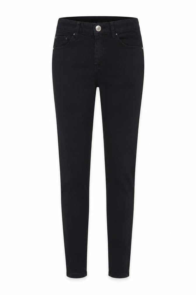 Front view of Denim & Co. women’s black denim skinny jeans, size UK 10, 26-inch leg
