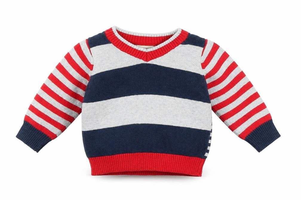 Front view of BHS boys’ multicoloured striped jumper, size 3-6, months