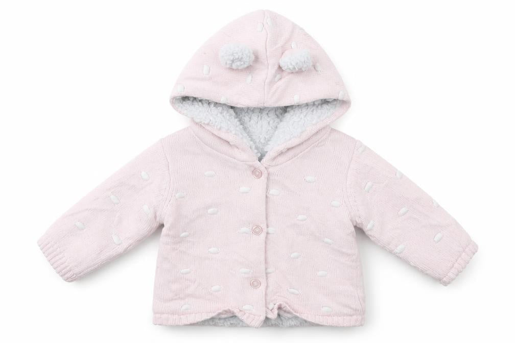 Front view of Matalan girls’ pink knit jacket coatigan, size 0-3, months