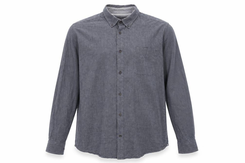 Front view of Maine New England men’s blue houndstooth button-up, size XL, - tailored fit