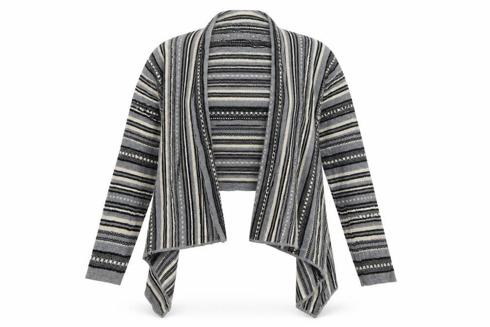 Front view of evie women’s grey striped cardigan jumper, size UK 16