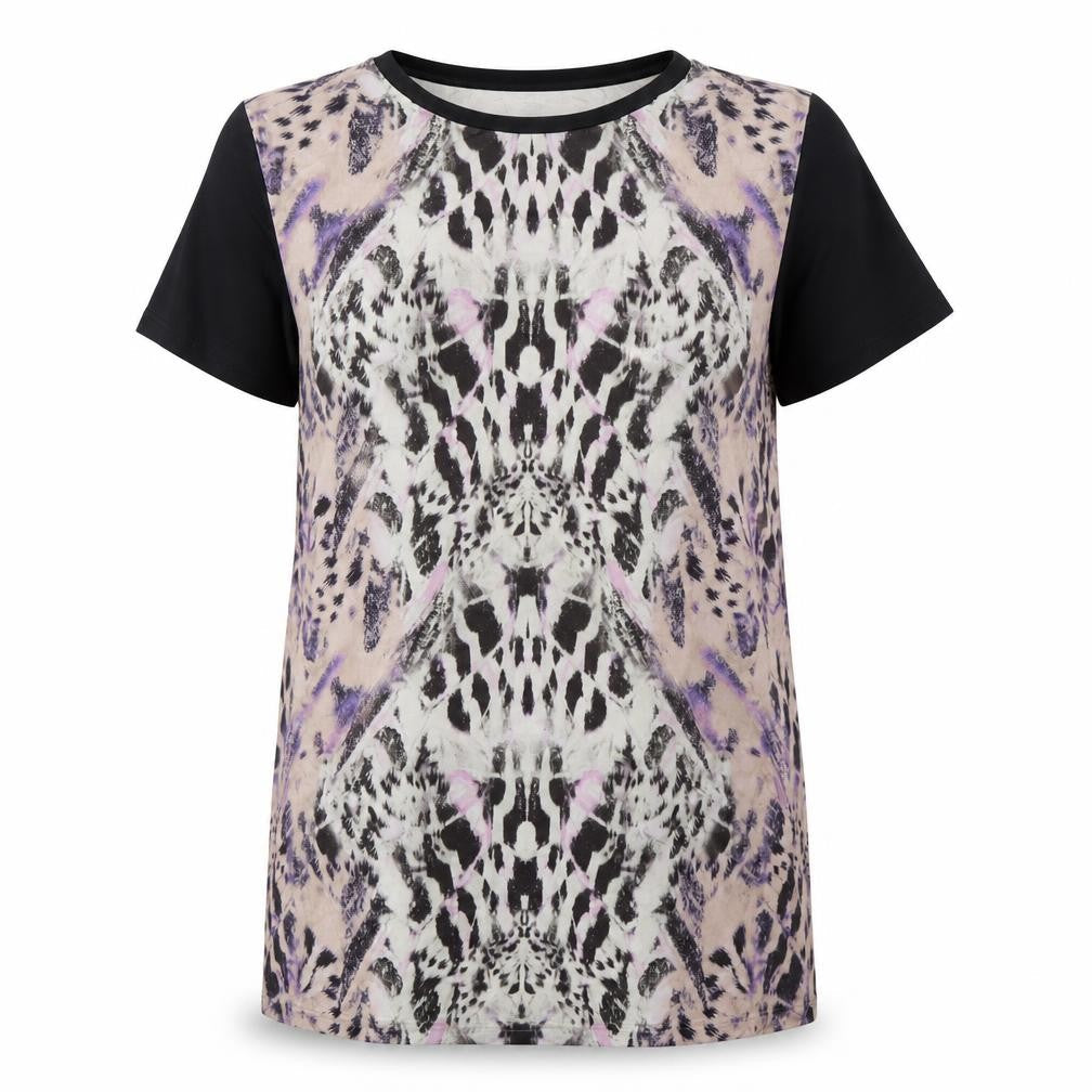 Front view of Miss Selfridge women’s purple animal print basic blouse, size UK 8