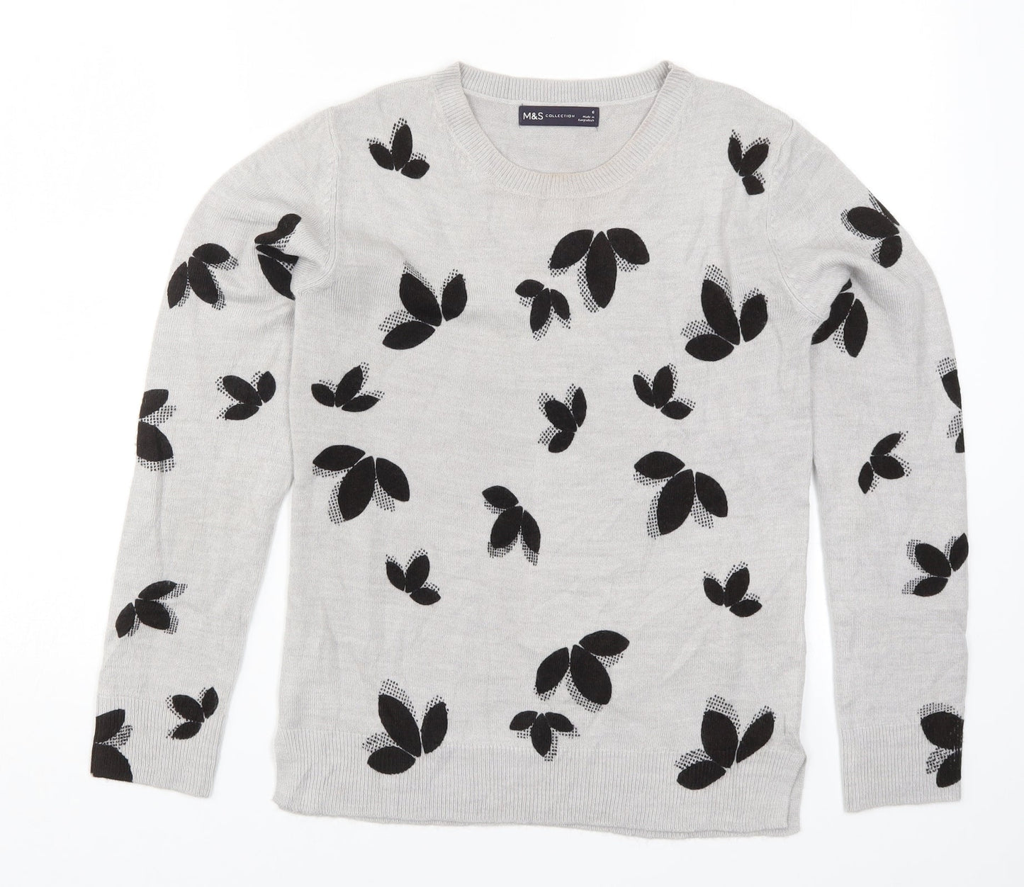 Marks and Spencer Womens Grey Geometric Knit Pullover Jumper Size 6  - Leaf Print