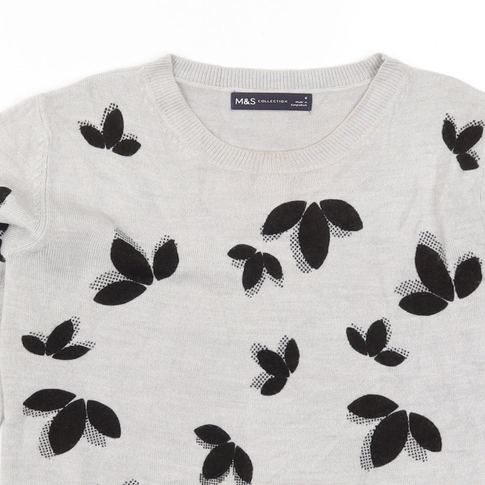 Marks and Spencer Womens Grey Geometric Knit Pullover Jumper Size 6  - Leaf Print