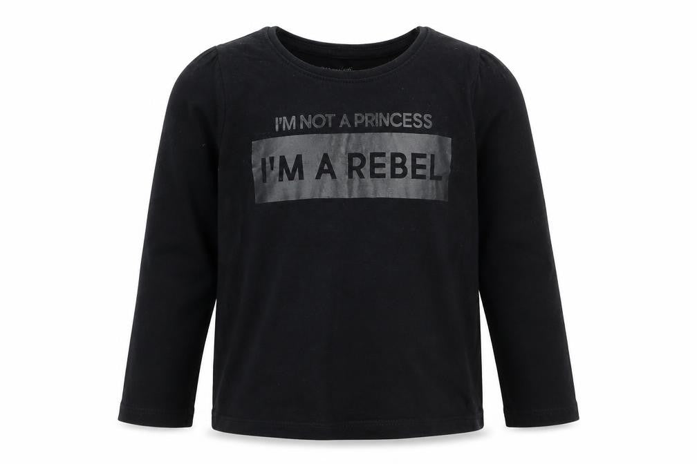 Front view of Young Dimension girls’ black basic t-shirt, size 3-4, years - i'm not a princess i'm a rebel
