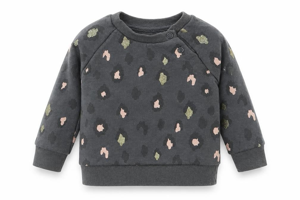 Front view of Primark girls’ grey animal print jumper, size 3-6, months