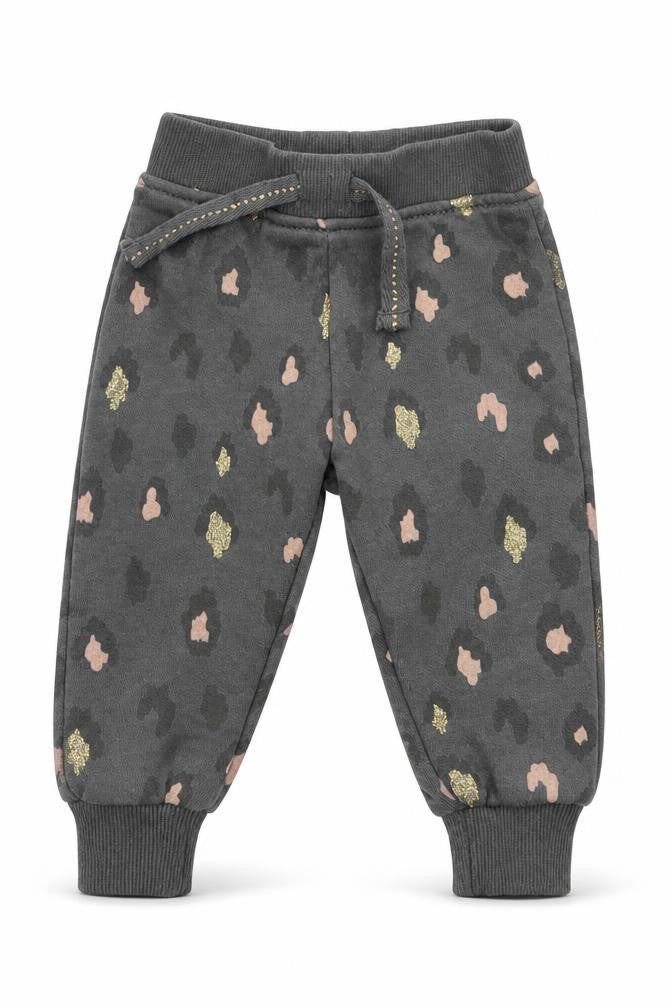 Front view of Primark girls’ grey animal print jogger trousers, size 3-6, months
