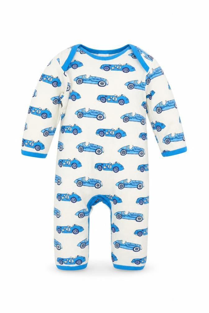 Front view of Mini Club boys’ blue geometric babydoll one piece, size 0-3, months