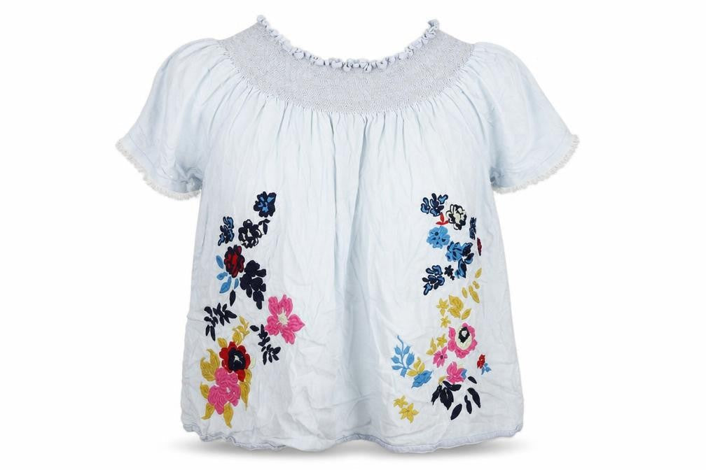 Front view of Denim & Co. women’s blue floral basic blouse, size UK 12