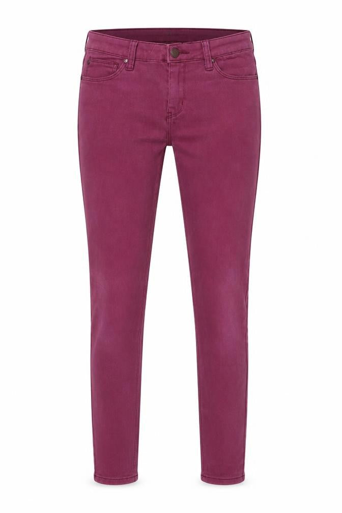 Front view of Denim & Co. women’s purple denim skinny jeans, size UK 8, 30-inch leg