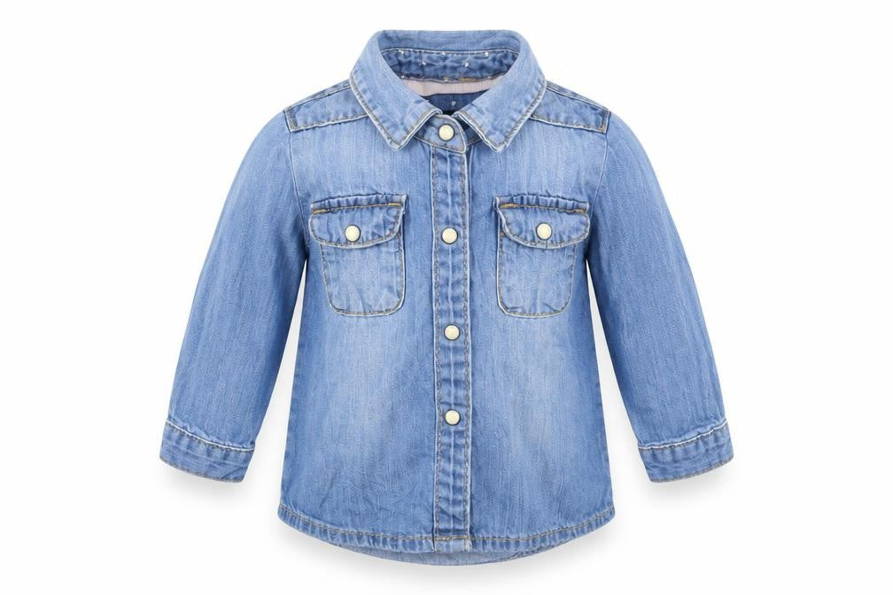Front view of Denim & Co. girls’ blue basic coat jacket, size 3-6, months