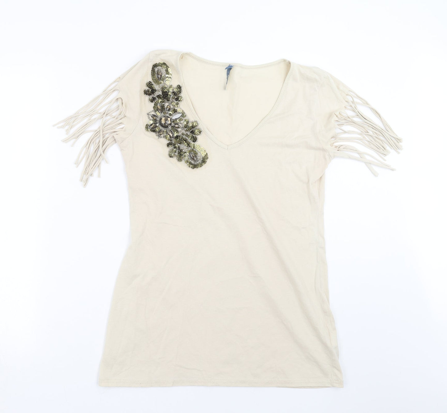 Evie  Womens Beige   Basic T-Shirt Size 16  - beaded detail