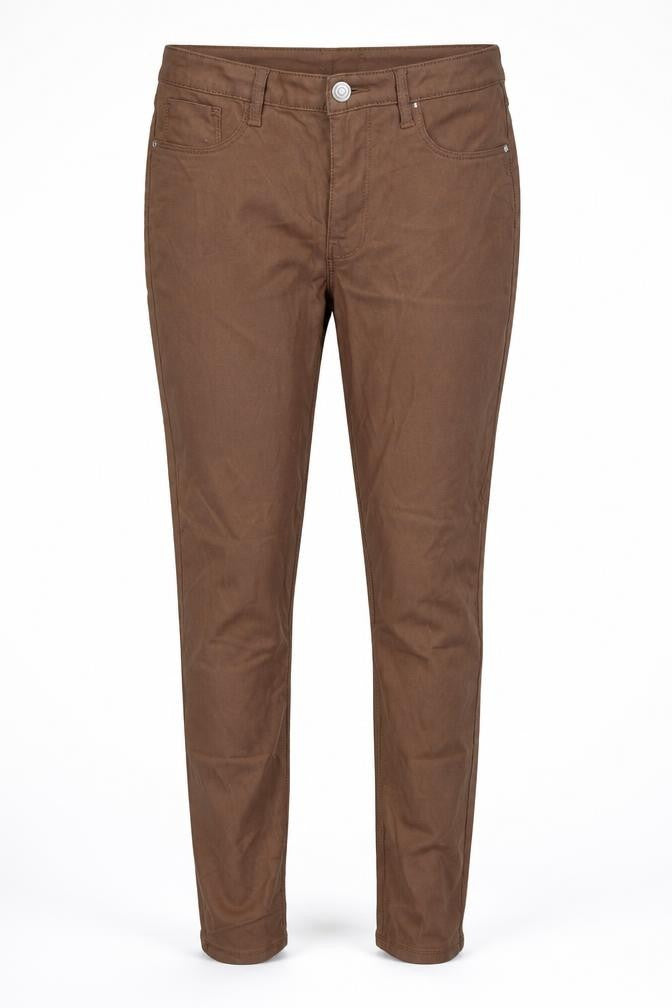 Front view of Denim & Co. women’s brown trousers, size UK 12, 27-inch leg