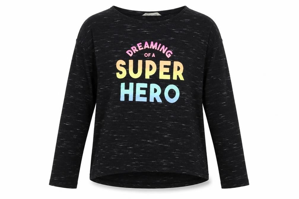 Front view of H&M girls’ black basic t-shirt, size 9-10, years - dreaming of a super hero