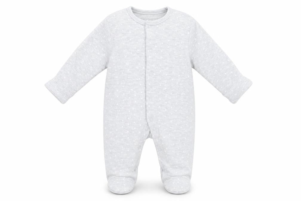 Front view of Pure Baby boys’ grey geometric babydoll one piece, size 3-6, months