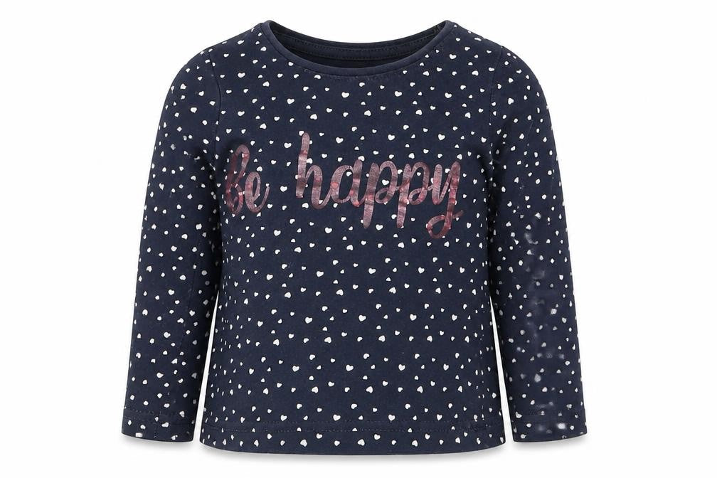 Front view of Primark girls’ blue basic t-shirt, size 18-24, months - be happy love hearts