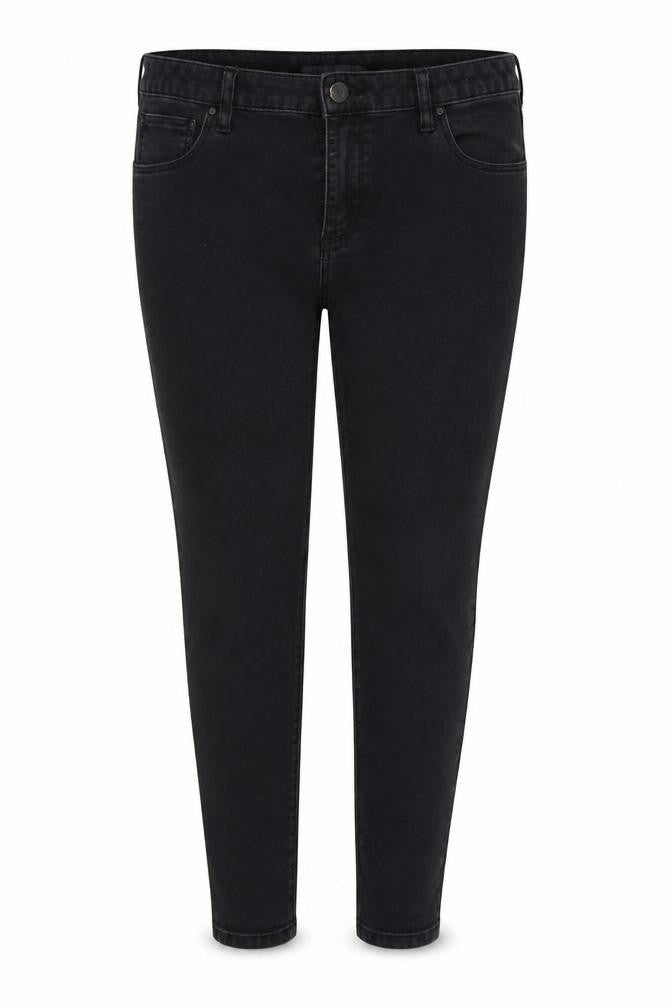 Front view of Denim & Co. women’s black denim skinny jeans, size UK 14, 27-inch leg
