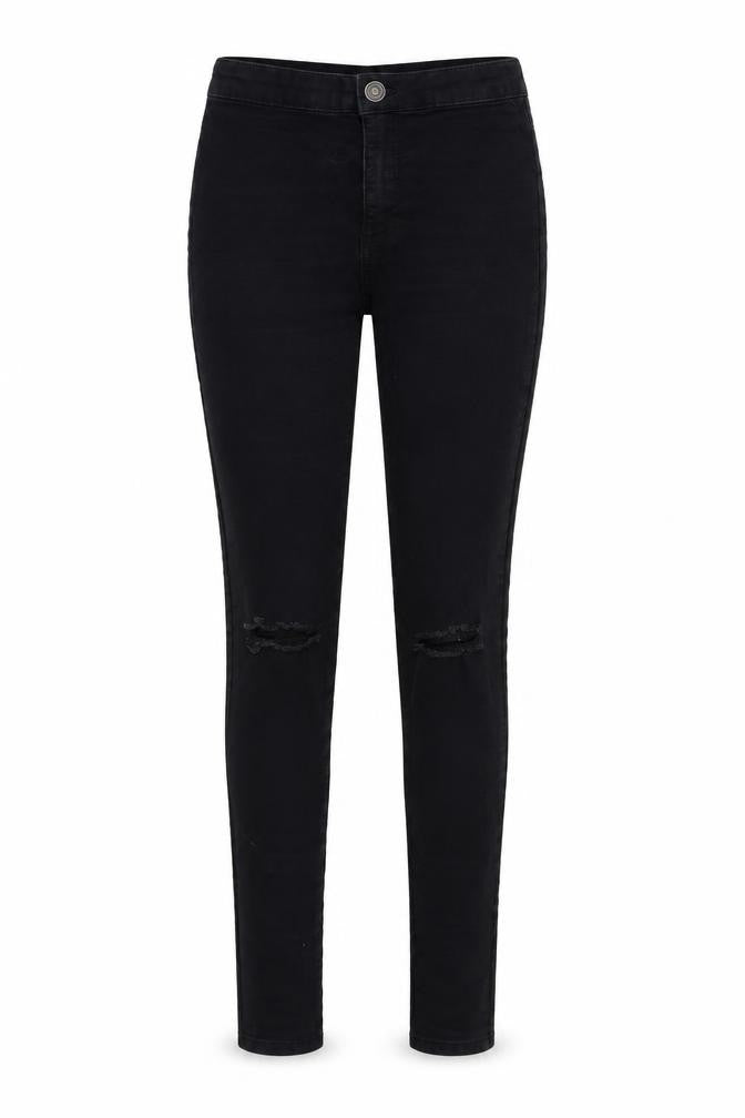 Front view of Denim & Co. women’s black denim skinny jeans, size UK 10, 30-inch leg