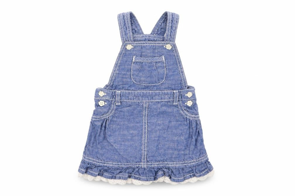Front view of Asda George girls’ blue pinafore/dungaree dress, size 9-12, months