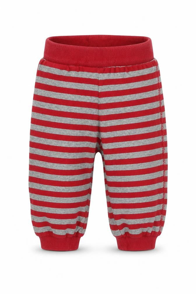 Front view of H&M boys’ red striped jersey jogger trousers, size 3-6, months
