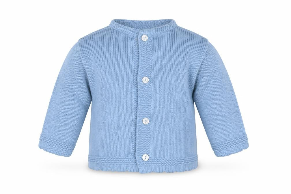 Front view of fruit de ma passion girls’ blue cardigan jumper, size 0-3, months