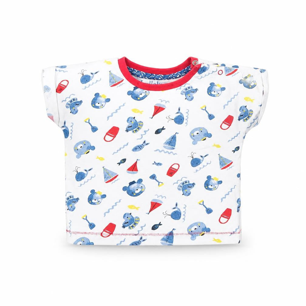 Front view of Lullaby Baby White Spotted Basic T-Shirt, size 6-9, Months - Bears