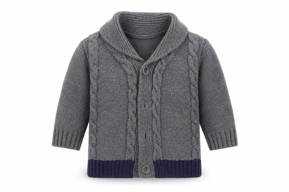 Front view of Gap boys’ grey cardigan jumper, size 3-6, months