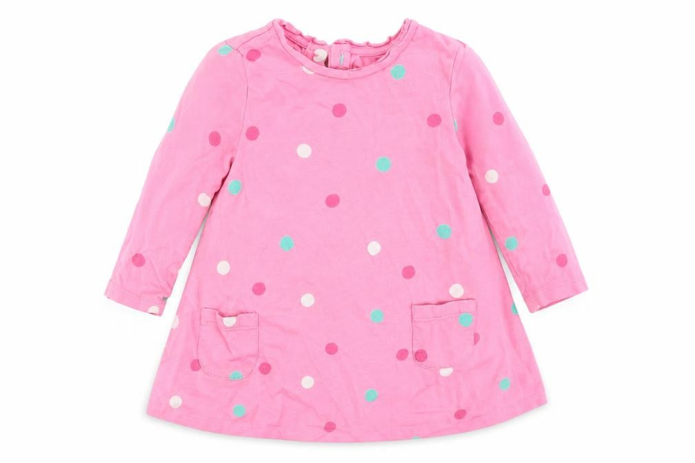 Front view of Mothercare girls’ pink polka dot fit & flare, size 6-9, months