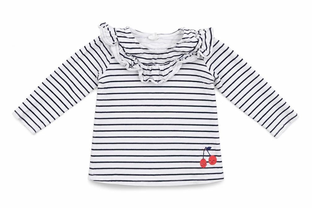 Front view of H&M boys’ white striped basic t-shirt, size 12-18, months