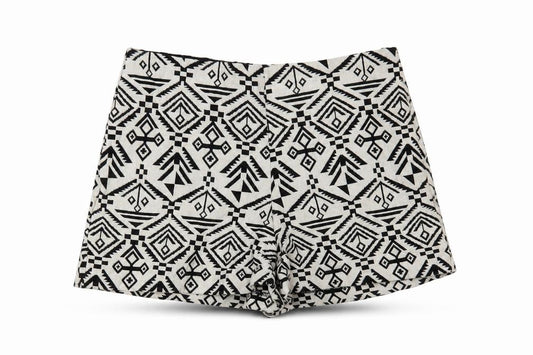 Front view of Miss Selfridge women’s white geometric hot pants shorts, size UK 10