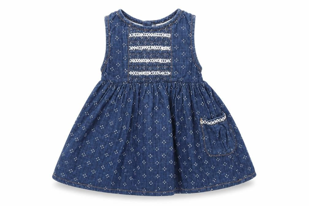Front view of M&Co girls’ blue argyle/diamond a-line, size 3-6, months