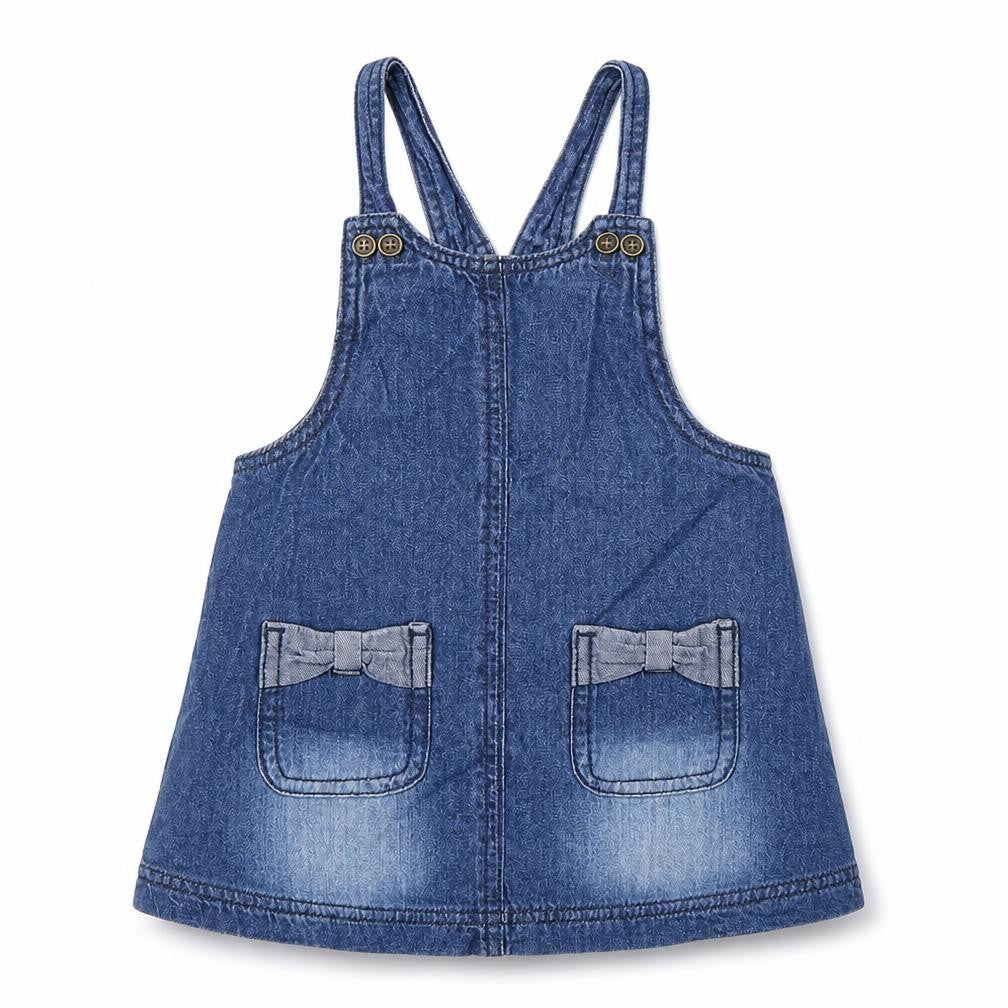 Front view of Next girls’ blue denim pinafore/dungaree dress, size 9-12, months