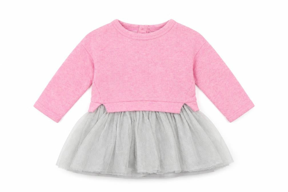 Front view of mini v girls’ pink colourblock fit & flare, size 9-12, months