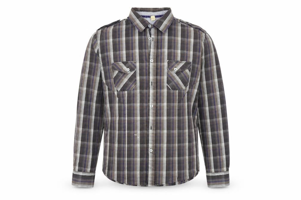 Front view of ASOS men’s brown check button-up, size L