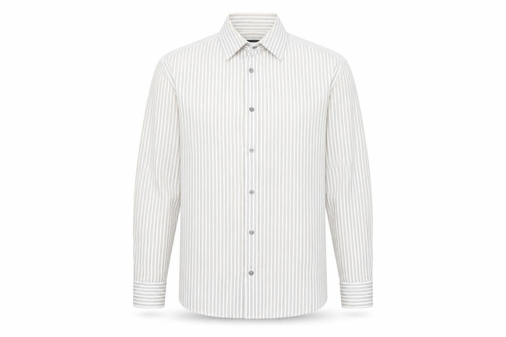 Front view of Autograph men’s white striped button-up, size M