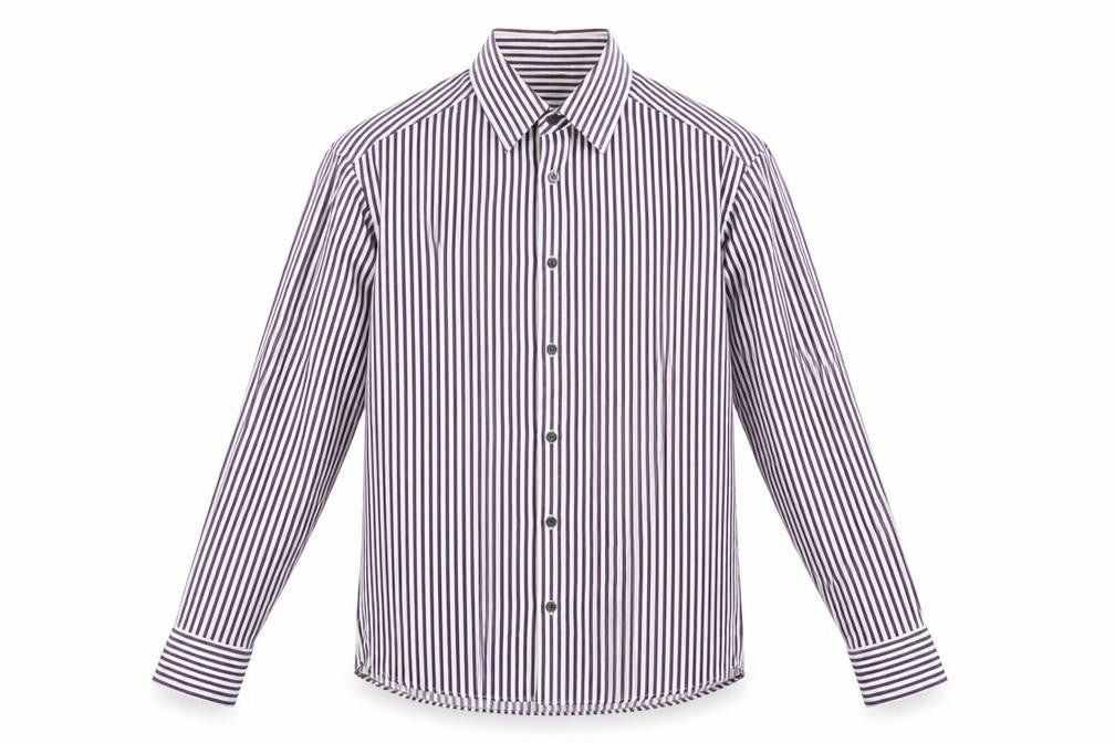 Front view of Autograph men’s white striped button-up, size M