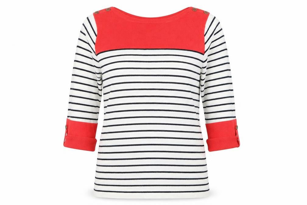 Front view of Arista women’s white striped jumper, size UK 20