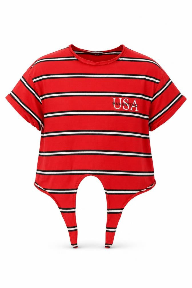 Front view of New Look girls’ red striped cropped t-shirt, size 10-11, years