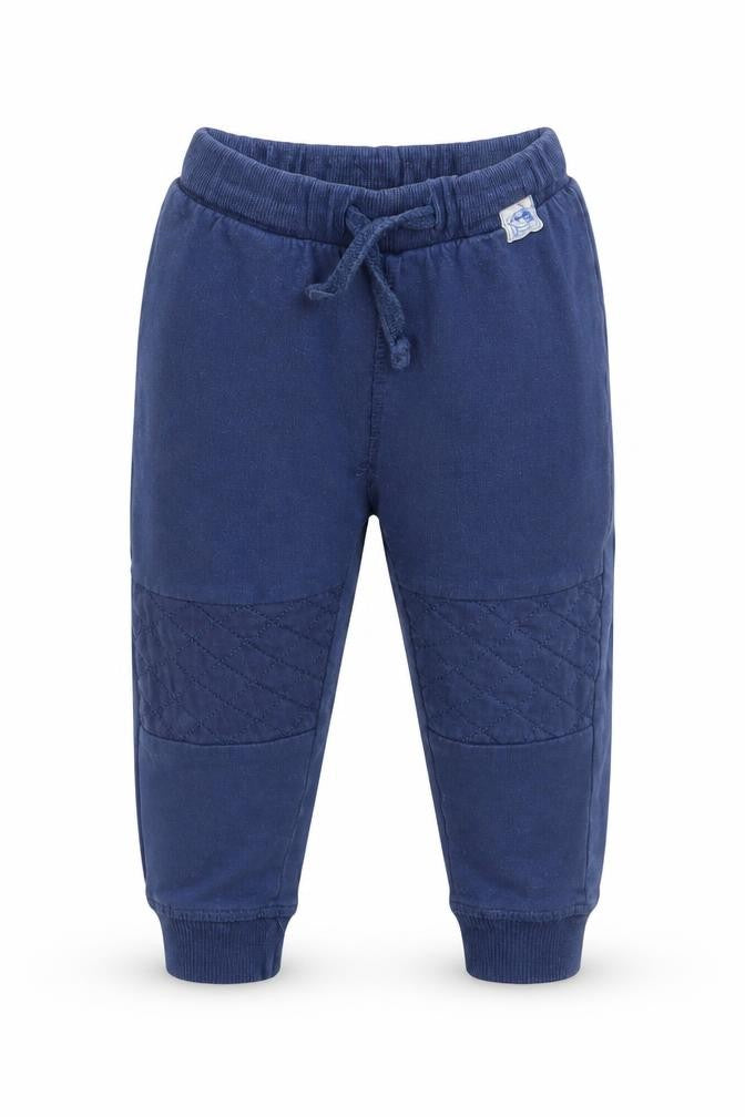 Front view of Urban Adventure boys’ blue jogger trousers, size 12-18, months - waist 16in; inside leg 10in