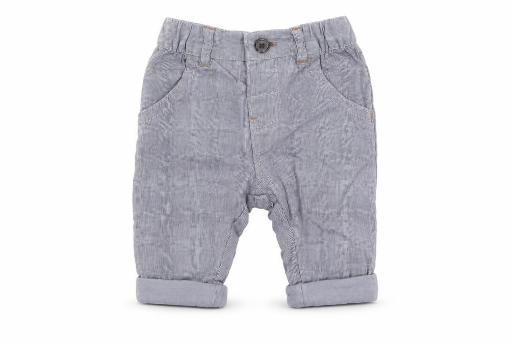 Front view of Next boys’ blue check capri trousers, size 0-3, months