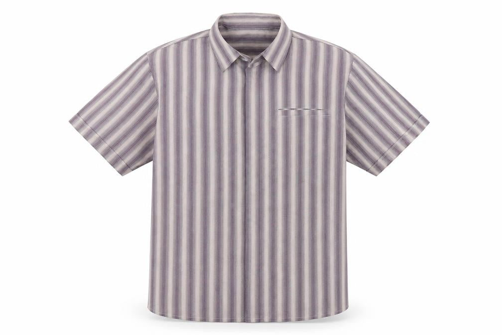 Front view of Easy men’s brown striped button-up, size M