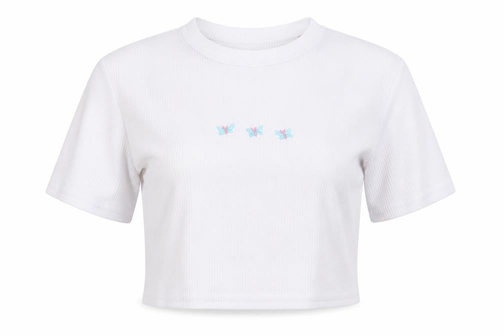 Front view of I SAW IT FIRST women’s white cropped t-shirt, size UK 6